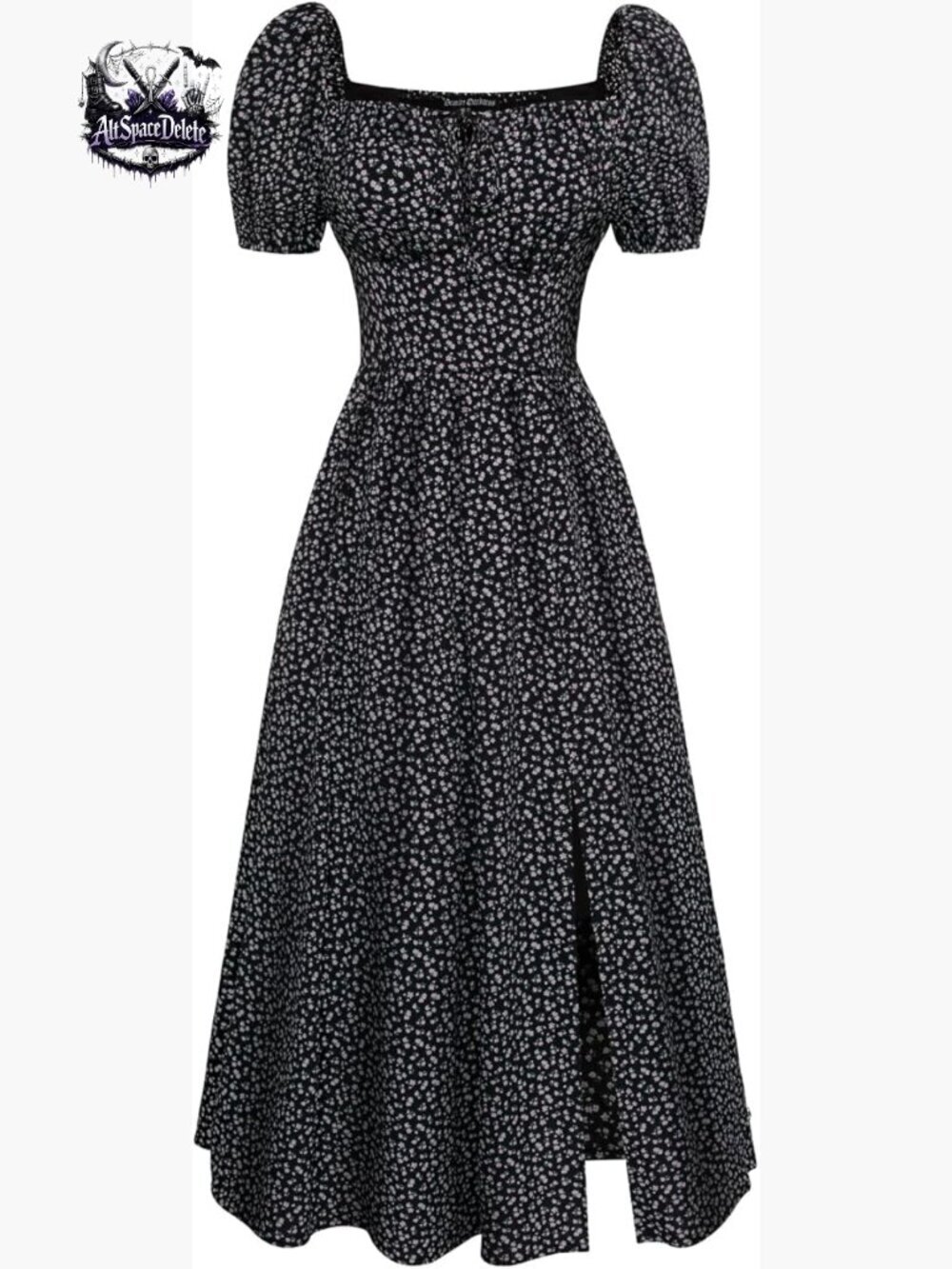 Midi Corset Dress with Thigh Slit Square Neck Puff Sleeves Pockets